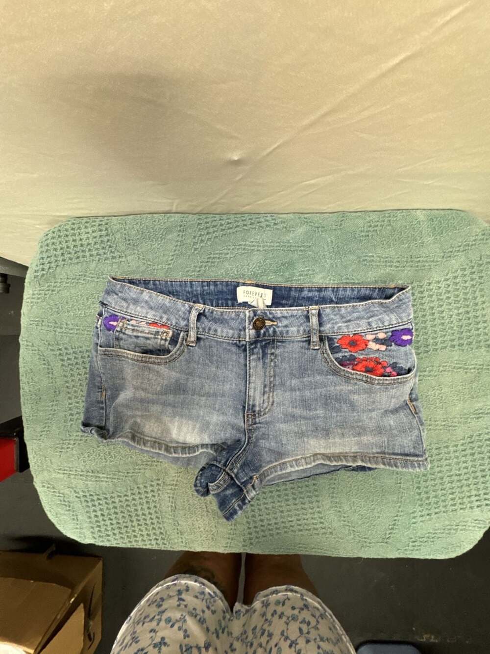 Forever 21 Premium Denim embroidered floral blue jean shorts